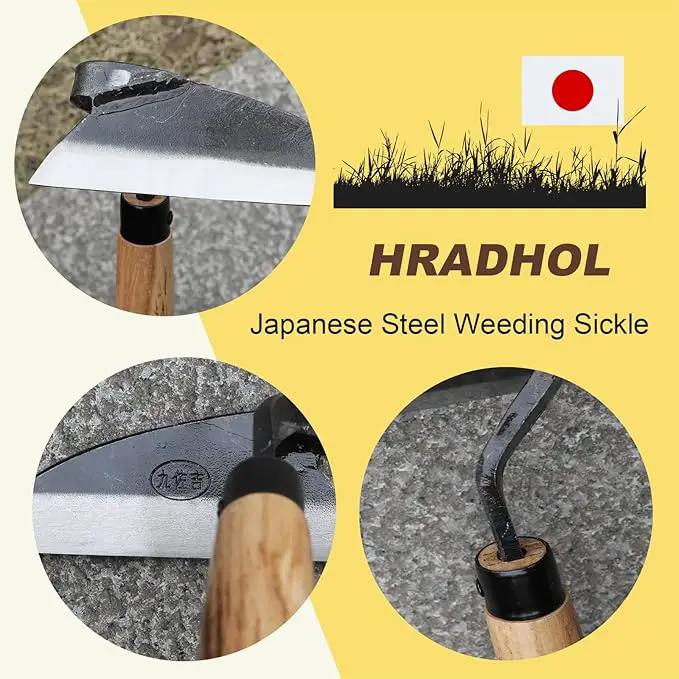 Japanese Weeding Sickle Hand Sickle，Hoe Gardening Tools for Weeding and Cultivating Weed Remover Tool High-Carbon Steel with Hard Solid Wood Handle Very Sharp (Wooden Handle) by GreenHaven Gardens