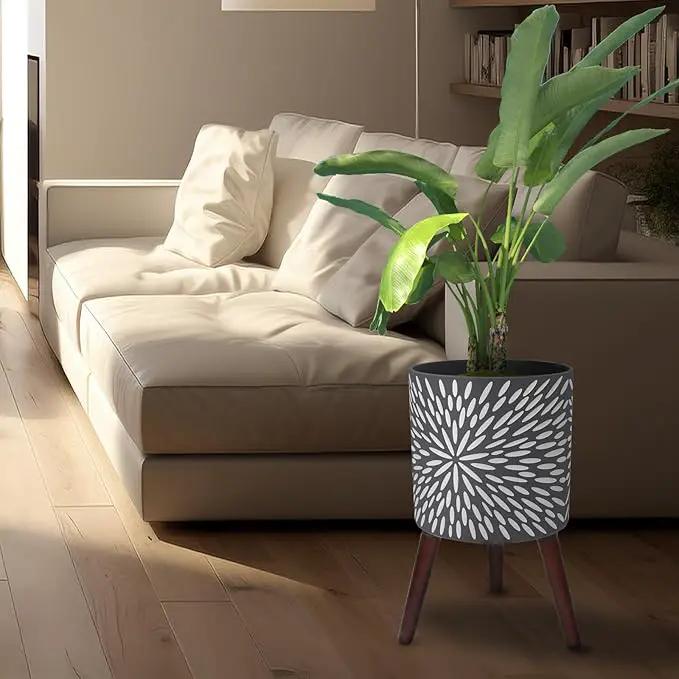 12 Inches Plant Pot with Stand, Large Modern Standing Planters for Indoor Plants with Drainage Holes, Gray Flower Pots with Legs by GreenHaven Gardens