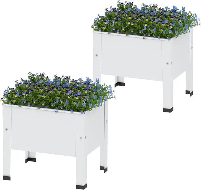 aboxoo 2 Packs 14 Inch Small Planter Raised Garden Bed with Legs,Outdoor Metal Planter Box for Patio,Elevated Garden Bed for Vegetables Flower Herb(White) by GreenHaven Gardens