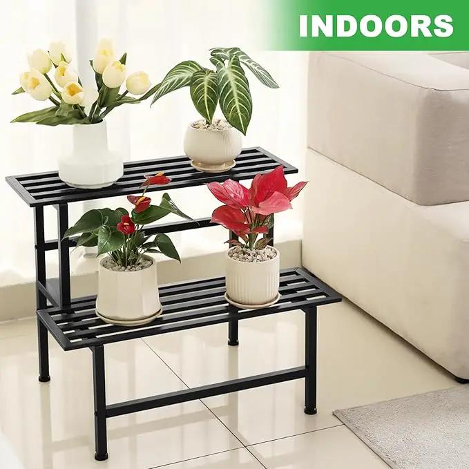 Metal Plant Stand Outdoor Plant Shelf Indoor,2 Tier Heavy Duty Ladder Plant Stands for Multiple Plants,26" L x 20.25" H x 17.75" W,Black by GreenHaven Gardens