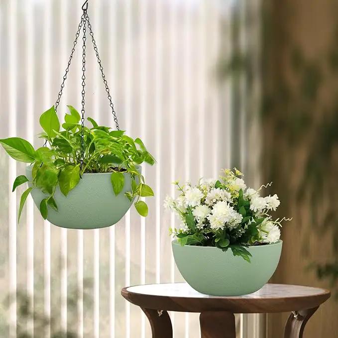 10 inch Hanging Planters Plant Pots for Indoor Outdoor Plants, 2 Pack Hanging Flower Pots with Drainage Holes and Chain for Garden Porch, Plastic Hanging Baskets for House Plants, Green by GreenHaven Gardens