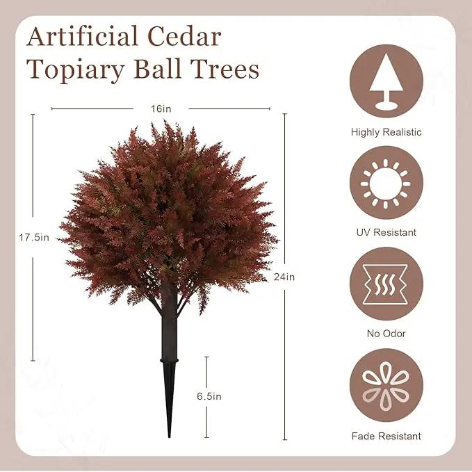 24" Artificial Cedar Topiary Ball Bushes, Set of 2 UV Resistant Fake Trees Outdoor Shrubs with Stake, Weatherproof Faux Plants for Planter, Front Porch, Garden, Yard, Patio Fall Decor by GreenHaven Gardens