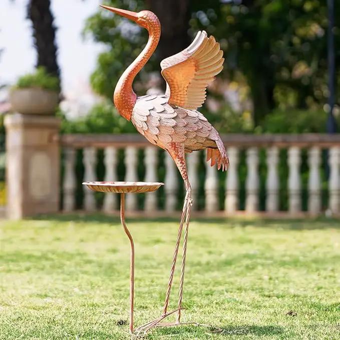 Crane Garden Statue with Birdbath, 40'' Heron Garden Statue, Crane Metal Yard Art for Outside, Backyard, Lawn, Porch Decor by GreenHaven Gardens