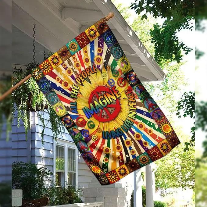 FLAGWIX Flags - Imagine All The People Living Life In Peace Hippie Sunflower Flag DDH1826F, House Flag (29.5" x 39.5") - USA House Garden Flags Premium Polyester - Decorative Outdoor Flags by GreenHaven Gardens