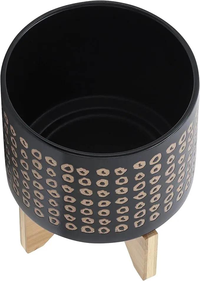Sagebook Home 9.25" H 8" Diameter Natural Sand and Deep Brown Glazed Ceramic Dotted Planter on Brown Rubberwood Stand for Indoor and Outdoor Decorating by GreenHaven Gardens