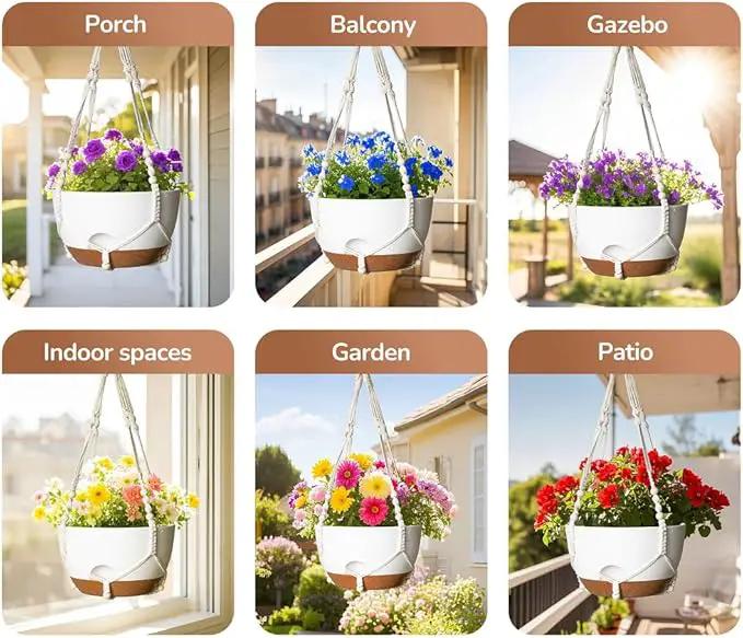 12 Inch Hanging Baskets for Plants Outdoor, Hanging Planters for Indoor Outdoor Plants, Hanging Planter with Self Watering, Hanging Flower Pots (White Planter with Macrame + Iron Hangers) by GreenHaven Gardens