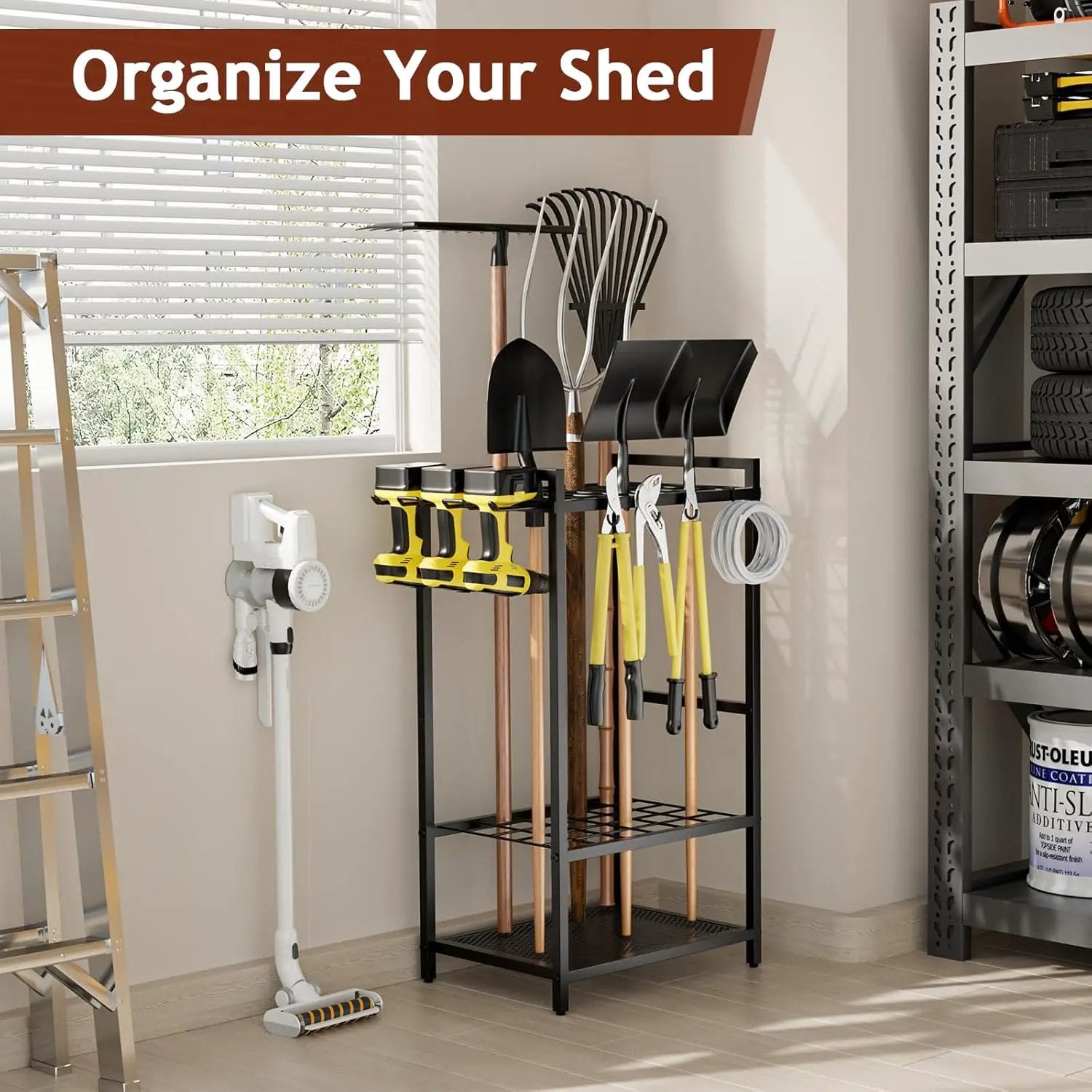 Garden Garage Tool Organizer Yard Tool Organizer for Garage with 4 Hooks, Heavy duty Steel Garden Tool Rack Holds up to 48 Long Handled Yard tools for Storage by GreenHaven Gardens