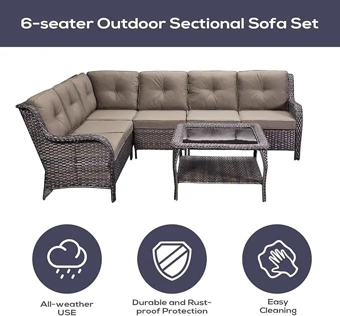 Outdoor Furniture Sectional Sofa L Shaped Couch - Patio Wicker Set with Coffee Table, 3 Piece Rattan Patio Conversation Sets with Gray Cushion for Deck Backyard Sunroom by GreenHaven Gardens