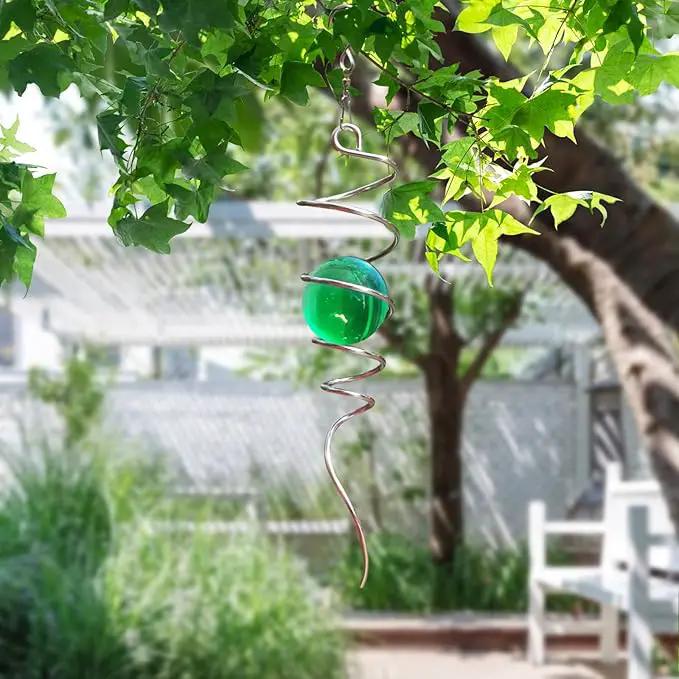 Wind Spinner Tail Gazing Ball Spiral Decorative Wind Spinner Sun Catcher 11inch Tail and 2 inch Glass Orb. Indoor Outdoor Garden Decoration Wind Sculptures-13 inch Height (Green) by GreenHaven Gardens