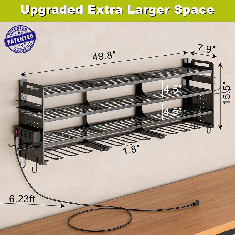 12 Cordless Drill Holder Large Power Tool Organizer Wall Mount with Side Pegboard & Screwdriver Holder, 4-Tier Heavy Duty Metal Tool Storage Rack with 4-Outlet Power Strip by GreenHaven Gardens