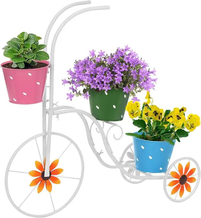 BAYN Bicycle Planter Stand, Metal Flower Pot Cart Holder Tricycle Planter with 3 Plant Bucket Outdoor Decorative for Patio, Deck, Garden, Lawn by GreenHaven Gardens