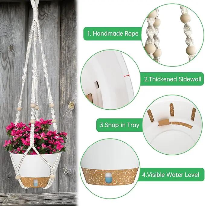 ZMTECH 2 Pack 10 Inch White Hanging Planters with Macrame Plant Hanger for Indoor and Outdoor Plants, Self Watering, Drainage Hole, Visible Level Tray by GreenHaven Gardens