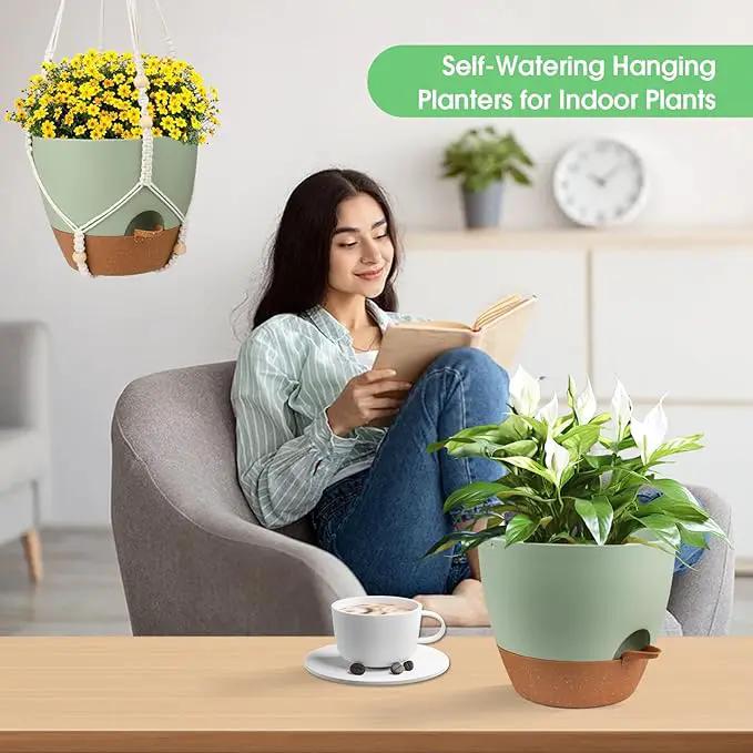 Hanging Planters for Indoor Outdoor Plants, 2 Pack Self Watering Hanging Pot with Drainage Holes, Removable Tray & 2 Kinds of Plant Hangers, 10'' Hanging Flower Pots for Home Garden Decor, Green by GreenHaven Gardens