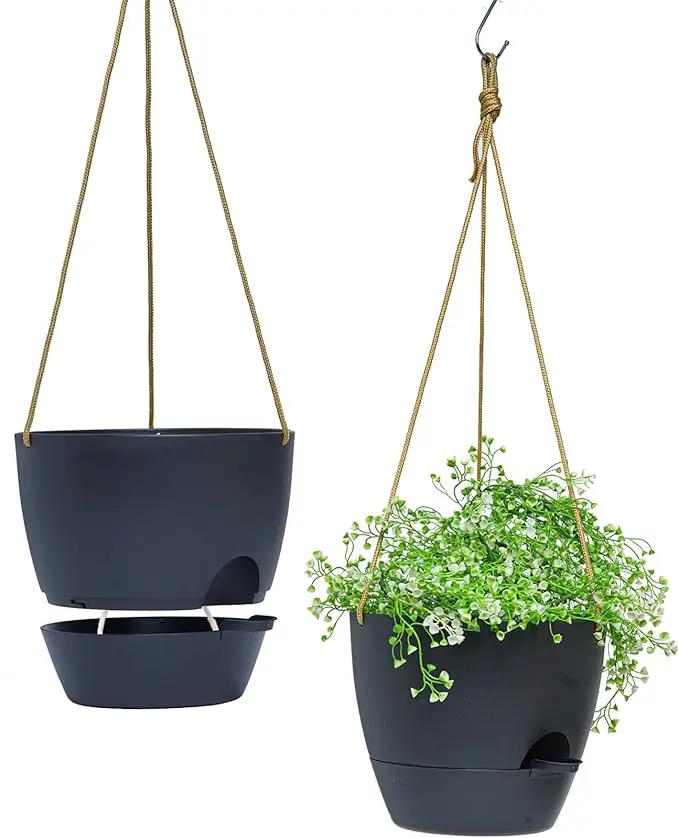 10 Inch Self Watering Hanging Pots, 2 Pack Hanging Planters with 40oZ Deep Reservior for Indoor Outdoor Plants Flowers, Black by GreenHaven Gardens