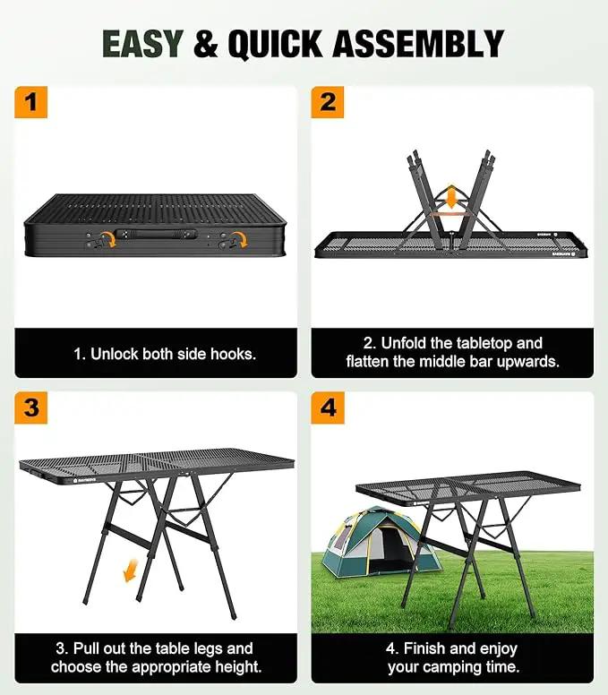 Foldable Grill Table with Mesh Desktop, 200lbs 4Ft Portable Folding Table, Height Adjustable Metal Table for Ourdoor, Camping, Picnic, BBQ and Beach, RV, 47.24" L x 23.62" W by GreenHaven Gardens