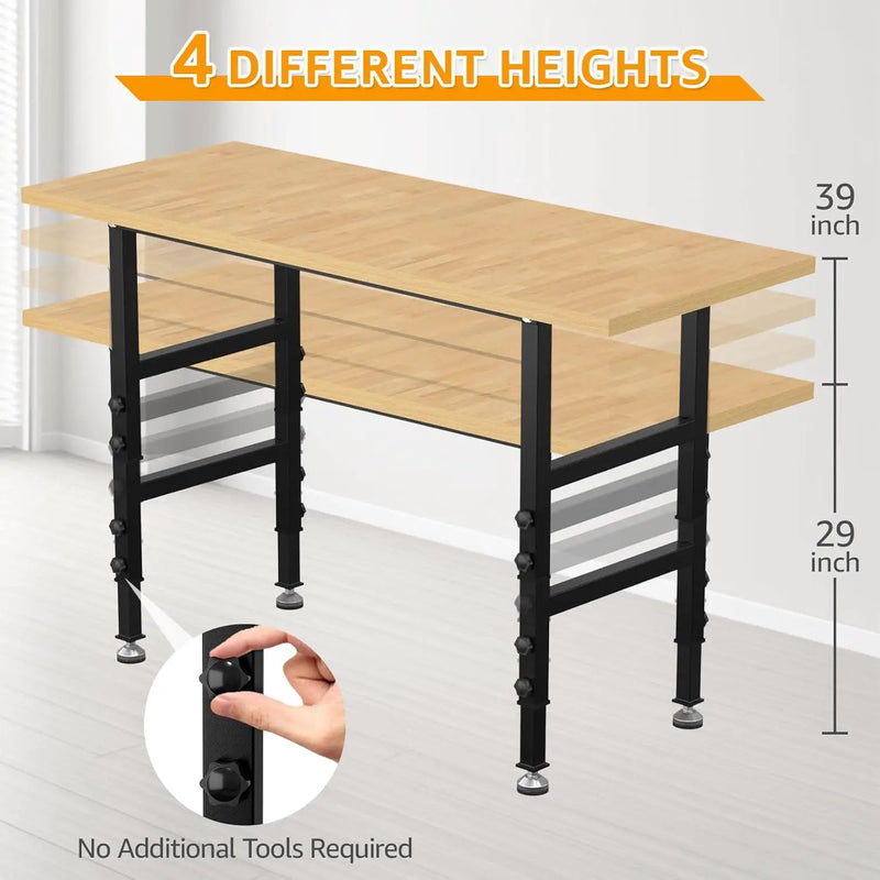 60" Adjustable Workbench,Heavy-Duty Work Table,3000 LBS Load Capacity Particleboard Hardwood Workstation with Fixed feet,for Workshop, Garage by GreenHaven Gardens