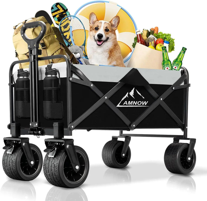Collapsible Foldable Wagon, Utility Large Capacity Beach Wagon with Big Wheels, Shopping Cart with Side Pocket and Brakes for Sand, Garden, Grocery, Sports, Camping, Black by GreenHaven Gardens