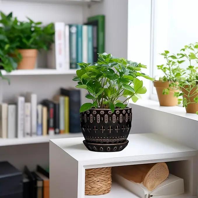 G EPGardening Ceramic Pot for Plants 5.5 Inch - Ceramic Plant Pot Indoor with Drainage Hole and Saucer, Round Boho Planter for Indoor Plants Outdoor, Housewarming Gifts, Garden Office Decor, Black by GreenHaven Gardens