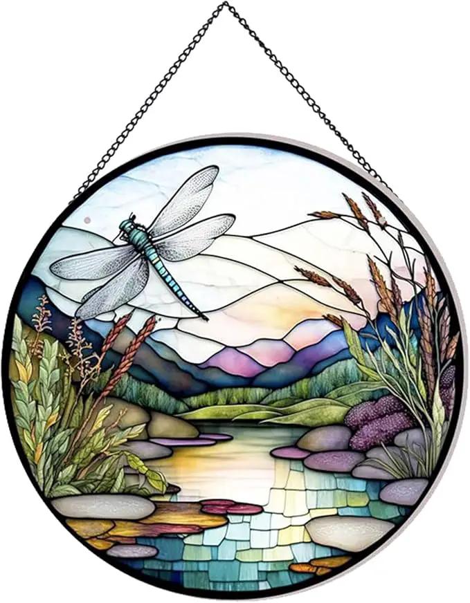 River and Dragonfly Pattern Suncatcher Stained Glass,Hanging Stained Glass for Windows,20cm/7.87inch Hand-Painted Sun Catcher Garden Hangings Painted Glass Panel Decor Themed Gift by GreenHaven Gardens