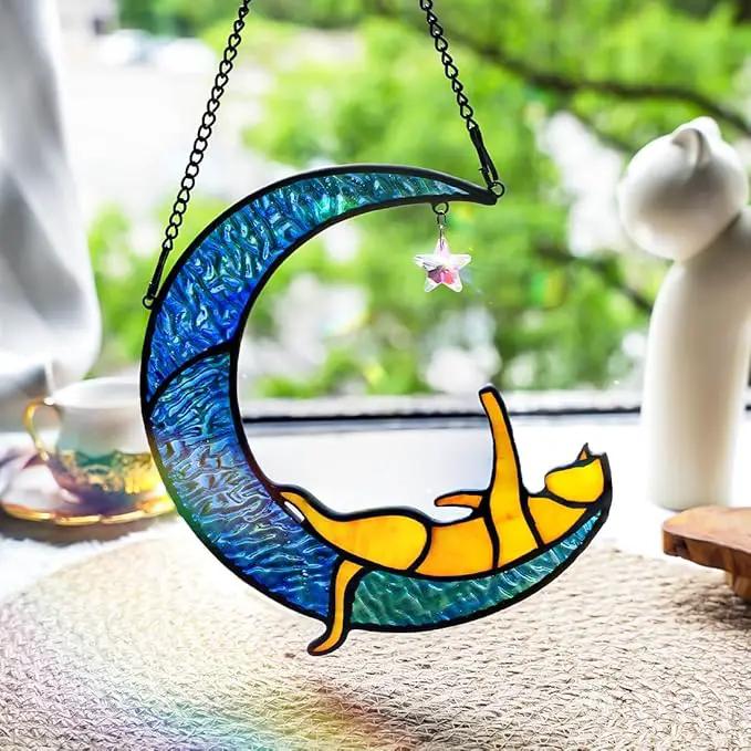BOXCASA Orange Cat Suncatchers for Windows Hanging,Stained Glass Cat on Moon,Crystal Suncatcher Prism Hanging,Cat Gifts for Women Mom Cat Lovers by GreenHaven Gardens