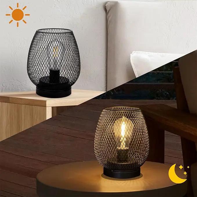 2 Pack Battery Operated Lamp Outdoor Table Lantern,Metal Cage Cordless Lamps with LED Bulb for Weddings Parties Patio Events Indoor Outdoor Patio Bedroom Living Room（Black by GreenHaven Gardens
