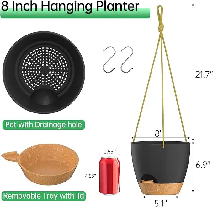 ZMTECH 8 Inch Hanging Planters for Indoor Outdoor Plants, 2 Pack Self Watering Hanging Plant Pots with Drainage Holes and Removable Saucer, Plastic Flower Hanging Pots with Watering Lip (Black) by GreenHaven Gardens