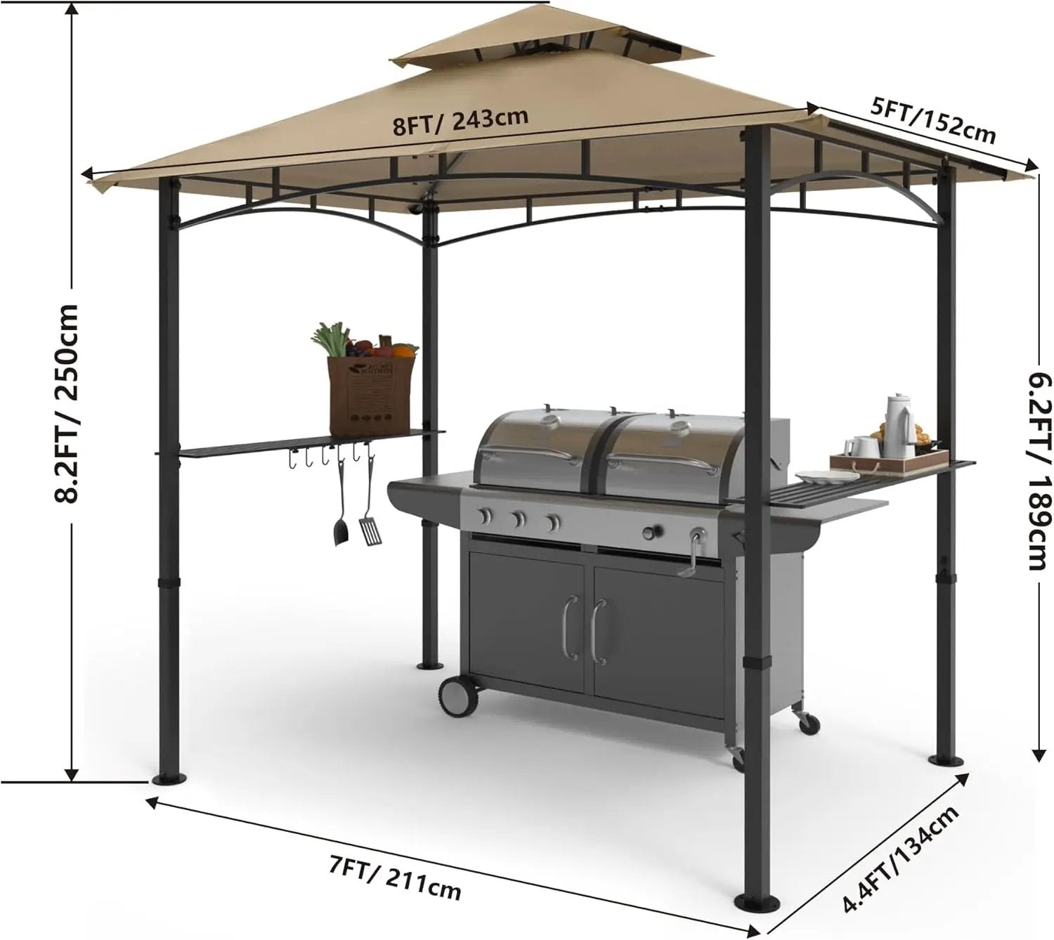 COOSHADE 8'x 5' Grill Gazebo Double Tiered Outdoor BBQ Gazebo Canopy with LED Light (Khaki) by GreenHaven Gardens