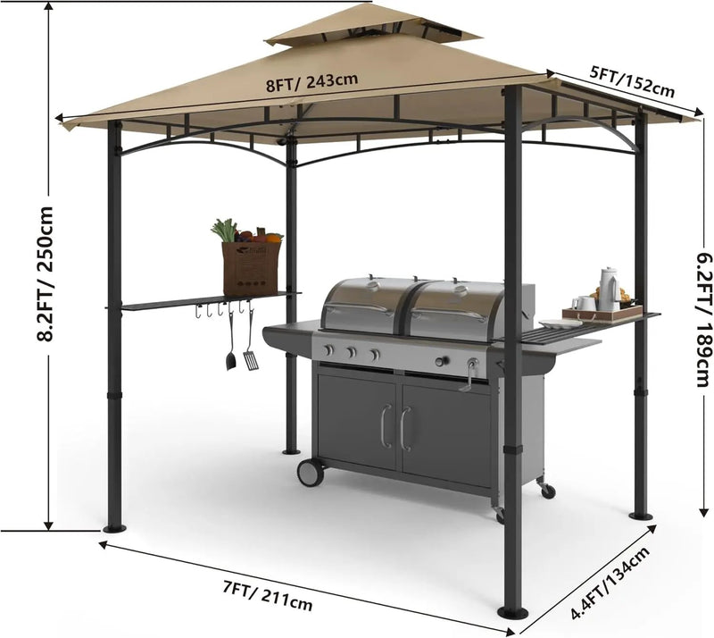 COOSHADE 8'x 5' Grill Gazebo Double Tiered Outdoor BBQ Gazebo Canopy with LED Light (Khaki) by GreenHaven Gardens