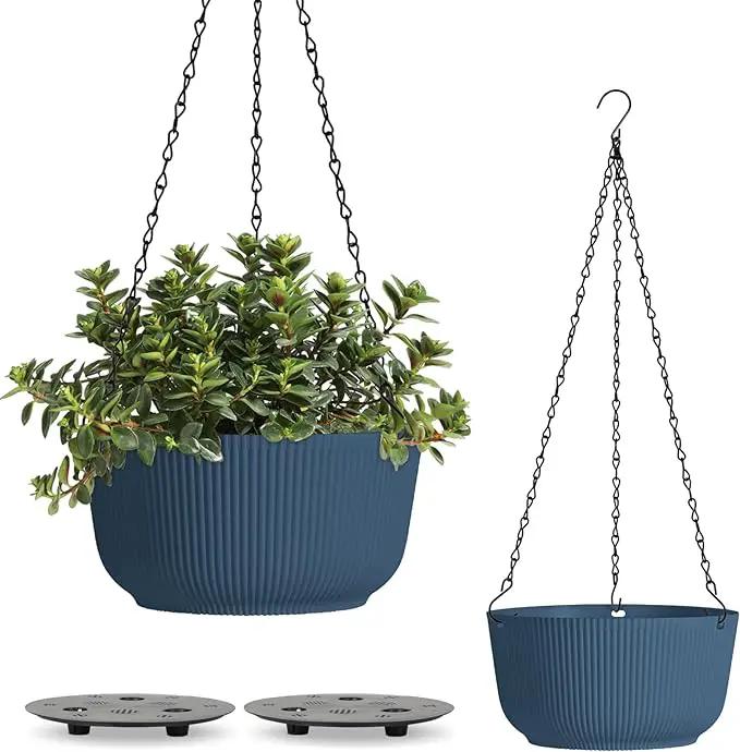 T4U 8 Inch Hanging Planters for Indoor Outdoor Plants, Self Watering Hanging Pot Pack of 2, Hanging Pots with Drainage Hole & Plug & Chain with 3 Hooks for Garden Home Decor, Blue by GreenHaven Gardens