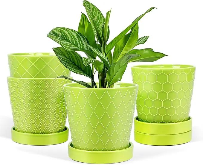 EFISPSS 5 Inch Ceramic Plant Pots Indoor, Planters with Drainage Holes and Ceramic Tray, Relief Design Flower Planter，Desktop Office Windowsill Decoration Gift Set of 4 - Green by GreenHaven Gardens