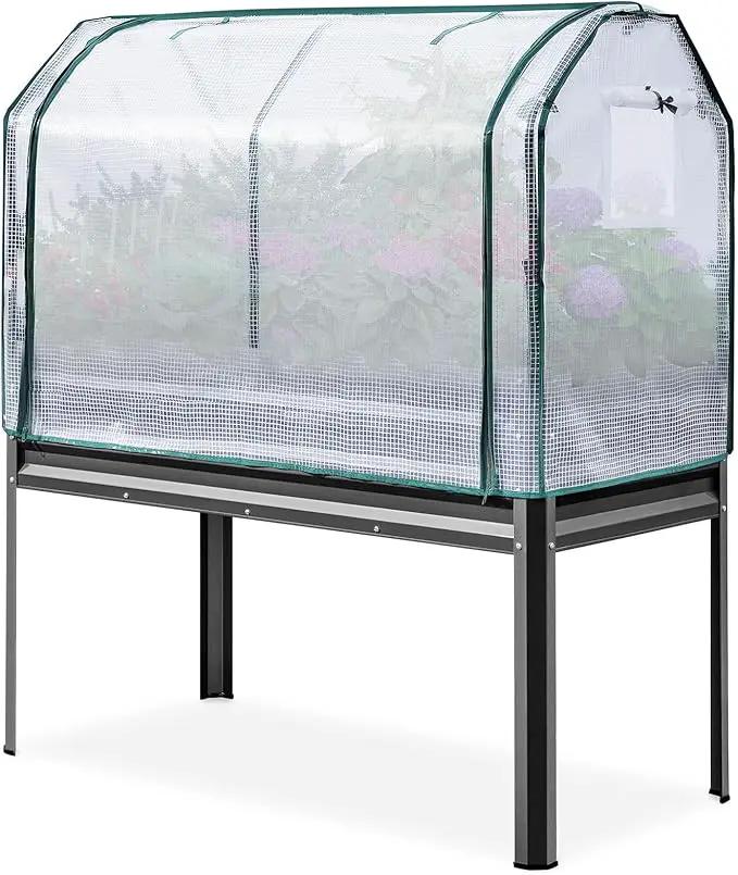 KING BIRD Large Raised Garden Bed with Cover Galvanized Elevated Planter Box with Legs 48×24×56 in for Backyard, Patio, Balcony, 400lb Capacity, Dark Grey by GreenHaven Gardens