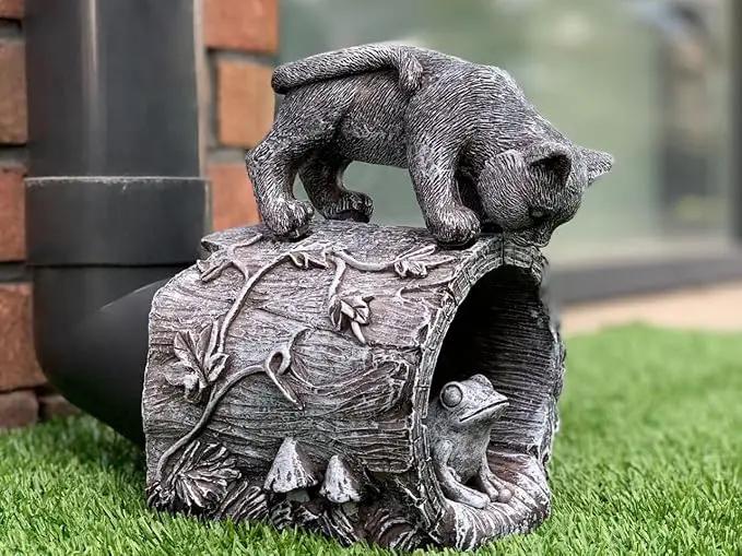 Gutter Downspout Extension - Downspout Splash Block - Downspout Diverter Garden Statue (Playful Chasing Kitty and Frog) by GreenHaven Gardens