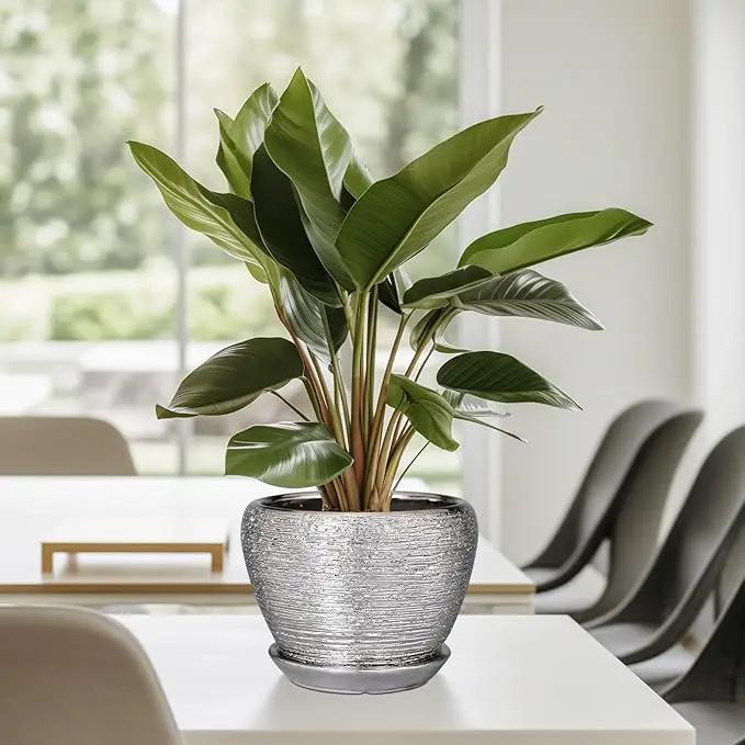 Ceramic Planter - 6 Inch Plant Pot Indoor with Drainage Hole and Saucer Outdoor Pot for Plants Round Decorative Planter Modern Mid-Century Flower Pot for Office Decor Silver by GreenHaven Gardens