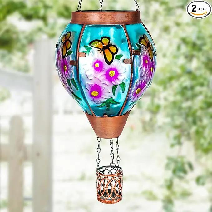 Solar Hot Air Balloon Lantern with Flame， Butterfly Glass Outdoor Solar Lanterns for Outside Hanging Farmhouse Patio Pathway Decor, Butterfly Gifts for Women Grandma Mom by GreenHaven Gardens
