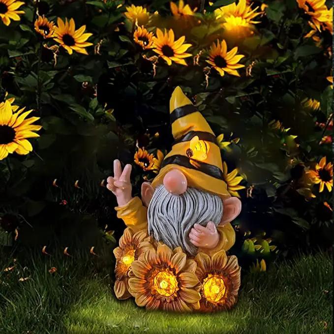 Garden Gnome Sculptures & Statues Resin Summer Bee Gnome with Sunflower, Outdoor Funny Gnome Decoration Solar Light Gnome Gifts for Yard, Patio Decor for Mom by GreenHaven Gardens