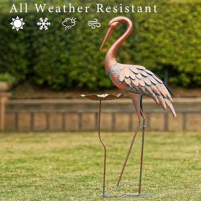 Crane Garden Statue, 42'' Heron Outdoor Statue with Birdbath, Large Crane Bird Metal Yard Art for Lawn Porch Backyard Patio Decor (Brown) by GreenHaven Gardens