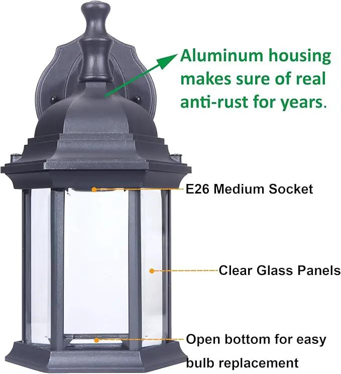 LIT-PaTH Outdoor Wall Lantern, Wall Sconce as Porch Lighting Fixture, E26 Medium Base Max 60W, Aluminum Housing Plus Glass, Matte Black Finish, 1-Pack by GreenHaven Gardens