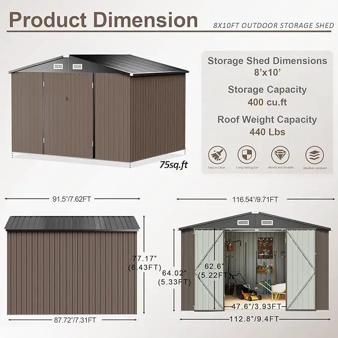 Aoxun 9.4x7.3x6.5 FT Outdoor Storage Shed, Garbage Can, Outdoor Metal Shed for Tool, Garden, Bike, Placed in Patio, Garden Brown Base Included by GreenHaven Gardens