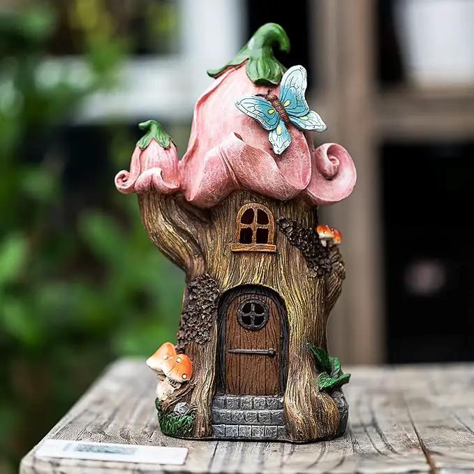 Fairy Garden Accessories Outdoor Statues, Mushroom House Decor,Large Gnome Solar Powered Lights Sculptures,Pink Resin Figurine Butterfly Figurines Lawn Ornaments for Patio Yard Decorations 11Inch by GreenHaven Gardens