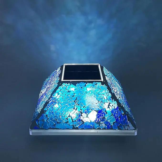 2PK Mosaic Solar Post Cap Lights Outdoor for 4x4, 3.5x3.5 Post Crackled Glass Deck Fence Lamp Weatherproof LED Light Decor in Garden, Yard, Outdoor Table, Balcony, Landscape- Cyan Blue by GreenHaven Gardens