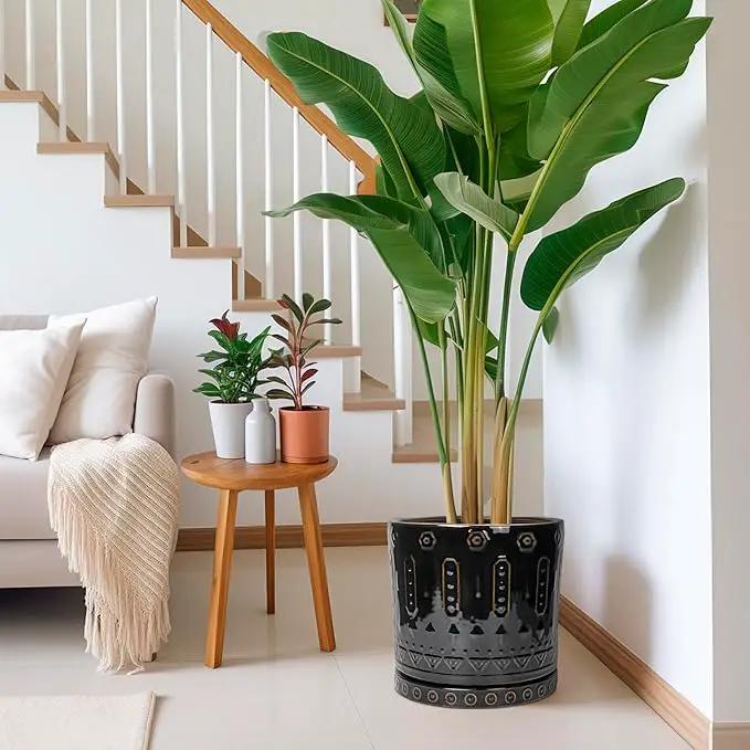 Ceramic Pots for Plants - 12 Inch Large Planter with Drainage Hole and Saucer, Ceramic Flower Pots for Indoor Outdoor, Boho Round Planter, Patio Decor, Gifts for Plant Lover, Black by GreenHaven Gardens