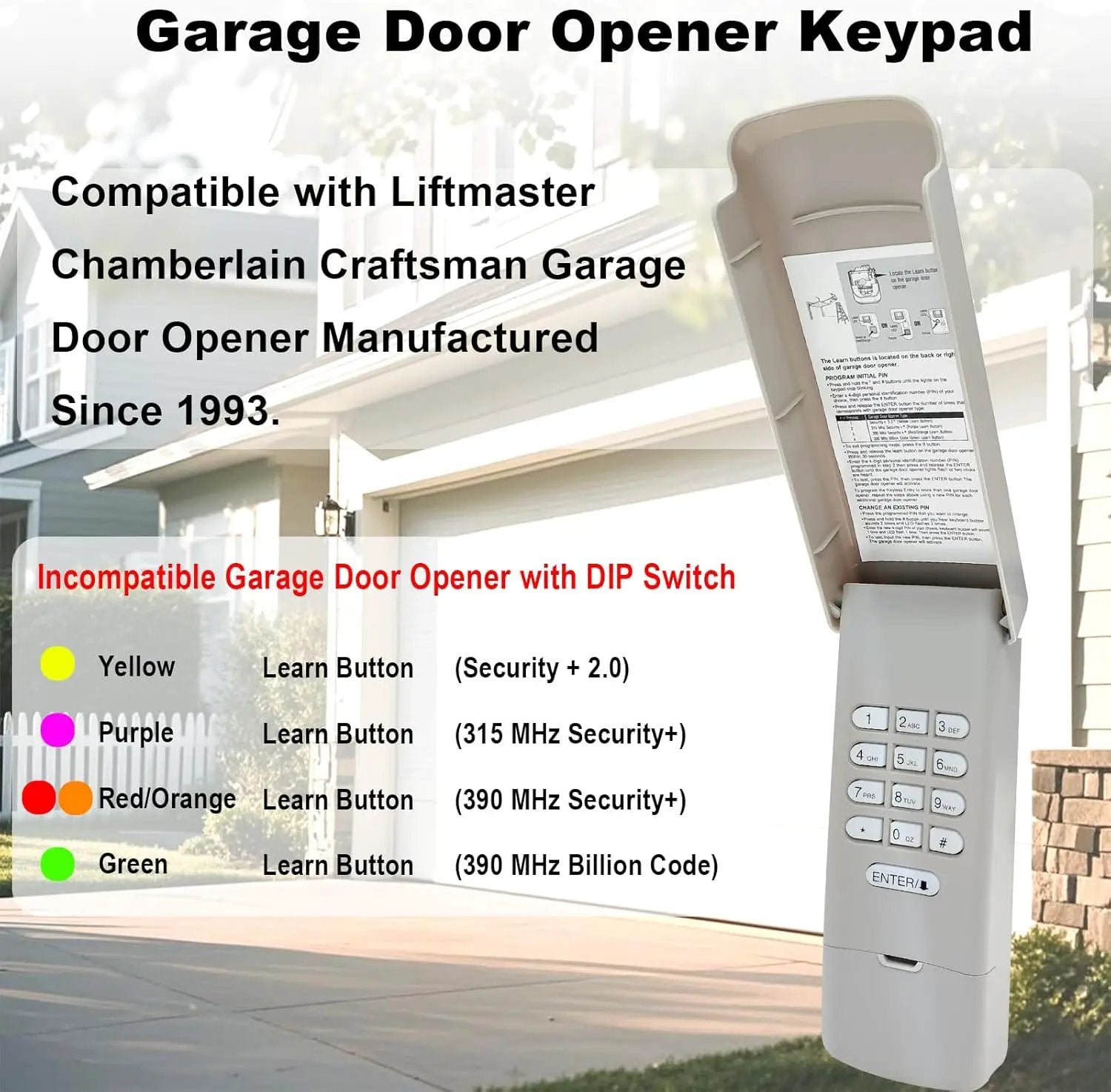 Garage Door Opener Keypad for Liftmaster Chamberlain Craftsman Garage Door Opener, Replace Wireless Keypad 877MAX Keyless Entry with 315/390 MHZ Learn Button Produced Since 1993 by GreenHaven Gardens