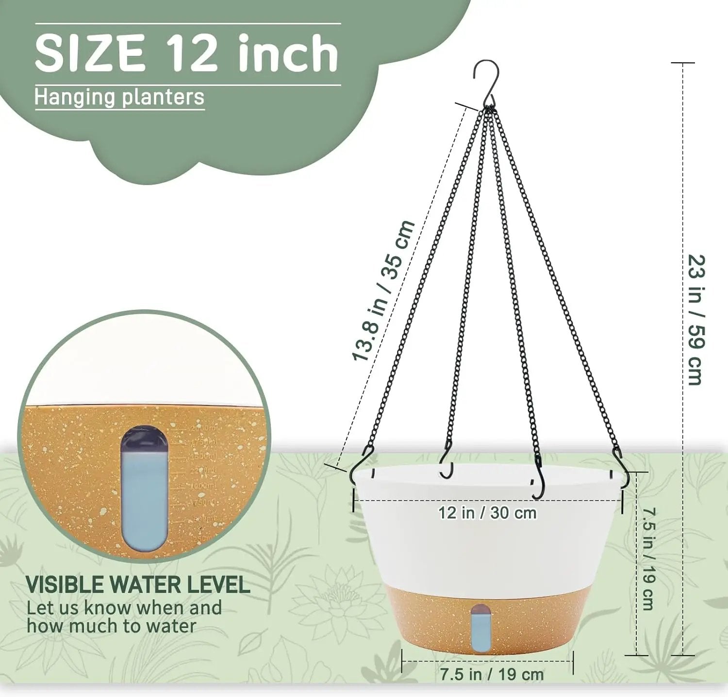 ZMTECH 12 Inch Hanging Planters for Indoor, 2 Pack Large Hanging Plant Pot with Visible Water Level and Chain, Self Watering Hanging Flower Pot for Outdoor Garden Porch(12Inch, White) by GreenHaven Gardens