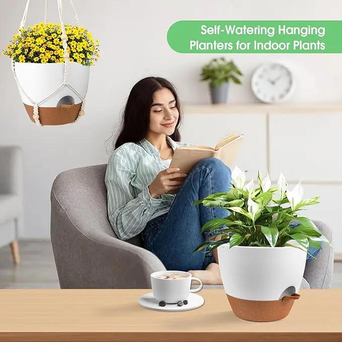 Hanging Planters for Indoor Outdoor Plants, 2 Pack Self Watering Hanging Pot with Drainage Holes, Removable Tray & 2 Kinds of Plant Hangers, 10'' Hanging Flower Pots for Home Garden Decor, White by GreenHaven Gardens