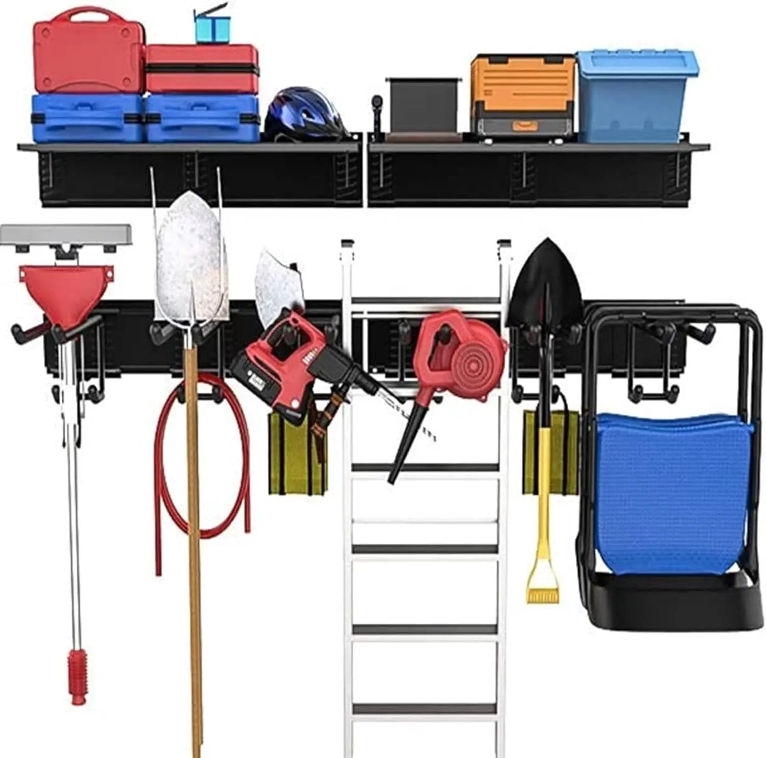 TORACK Garage Storage Organizer Systems, Wall Mount Overhead shelving, 48 inch Heavy Duty Steel Tool Racks, 6-Pack 12'' Double Hooks, 48 inch by 7 inch Floating Shelves, up to 1200Ibs by GreenHaven Gardens
