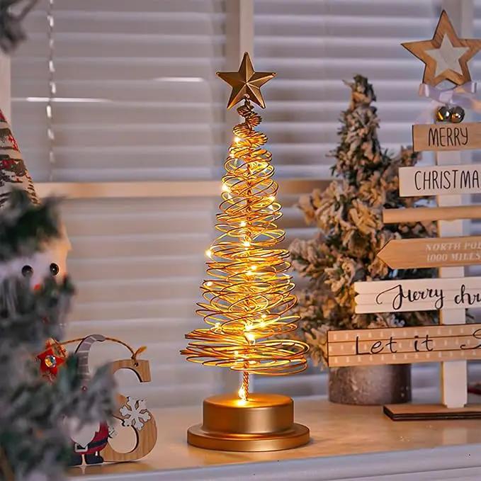 Christmas Tree Lamp, Spiral Christmas Tree with Glittering Star, AA Battery Operated Gold Christmas Tree Light with Metal Stand for Christmas Table Decoration（Batteries not Included） by GreenHaven Gardens