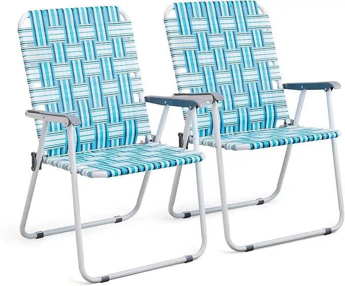 VINGLI Patio Lawn Webbed Folding Chairs Outdoor Beach Portable Camping Chair for Yard, Garden (2, White & Blue, Oversized) by GreenHaven Gardens