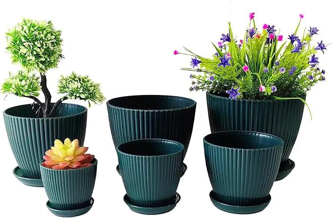 Plant Planters with Drainage Holes and Trays Pack of 6 Plant Pots Indoor and Outdoor Flowers Pots Different Size Plastic Pots, Dark Green by GreenHaven Gardens