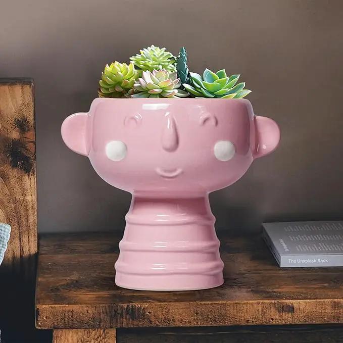 Smiley Face Planter - 7 Inch Ceramic Head Planter for Indoor Outdoor Plants, Cute Succulent Pots with Drainage Hole, Decorative Flower Pots, Home Room Desk Decor, Birthday Gifts, Bright Pink by GreenHaven Gardens