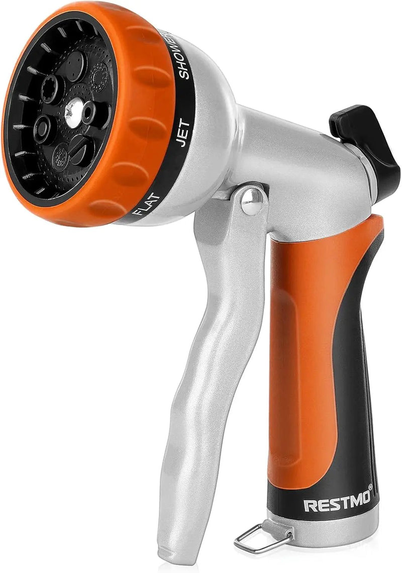 RESTMO Garden Hose Nozzle, Heavy Duty Metal Water Hose Nozzle with 7 Adjustable Spray Patterns, High Pressure Hand Sprayer with Flow Control, Best for Watering Plant & Lawn, Washing Car & Pet, Orange by GreenHaven Gardens
